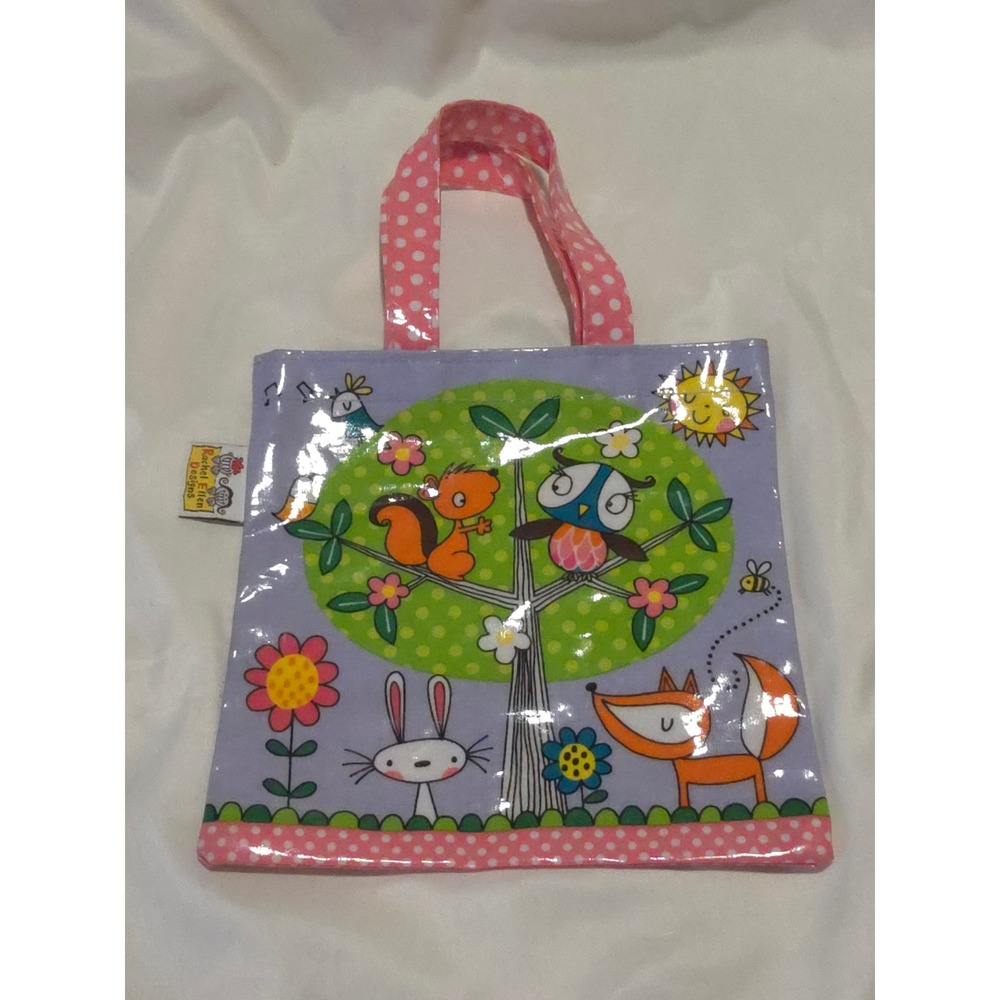 Rachel Ellen Designs Woodland Animals Small Laminated Tote Bag Purple Pink Trim